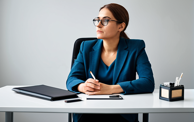 A professional adult in a modest, smart business casual outfit, sits calmly at a modern desk, holding a discreet nicotine lozenge. The scene emphasizes focus and determination in a quiet office environment, reflecting a journey towards freedom from addiction. The subject has perfect anatomy, correct proportions, natural pose, well-formed hands, proper finger count, and natural body proportions. Fully clothed, appropriate attire, modest clothing, safe for work, appropriate content, professional photography, high quality.