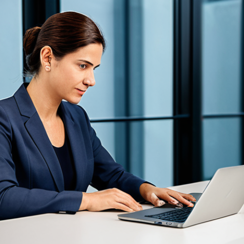 Home 7 **
A professional businesswoman in a modest business suit, sitting at a desk in a modern office in São Paulo, Brazil. She is working on a laptop. Fully clothed, appropriate attire, safe for work, perfect anatomy, natural proportions, professional photography, high quality, family-friendly.
**