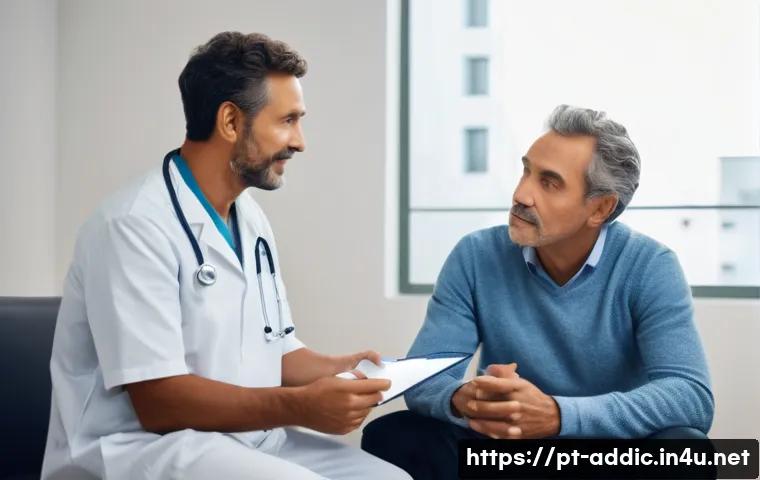 도박 중독 치료 약물 - A calm, professional clinical setting showing a middle-aged Brazilian man sitting comfortably on a c...