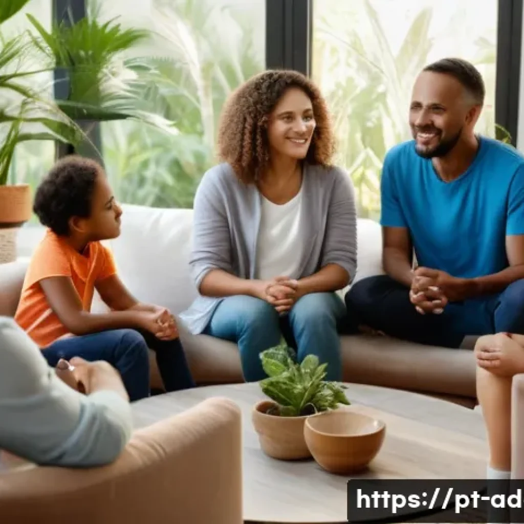 마약 중독의 가족 상담 - A warm and supportive family therapy session in a cozy living room setting, featuring a diverse Braz...