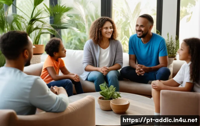 마약 중독의 가족 상담 - A warm and supportive family therapy session in a cozy living room setting, featuring a diverse Braz...