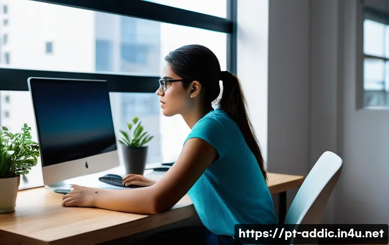인터넷 중독 후유증 - A young Brazilian woman sitting at a modern home office desk in S&atilde;o Paulo, slouched posture with vis...